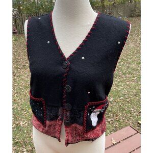 Vintage New Directions Christmas Vest Black Red Wool Blend Santa Tree Womens S